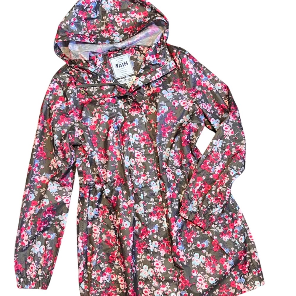 Joules Floral Hooded Rain Jacket in Brown and Pink